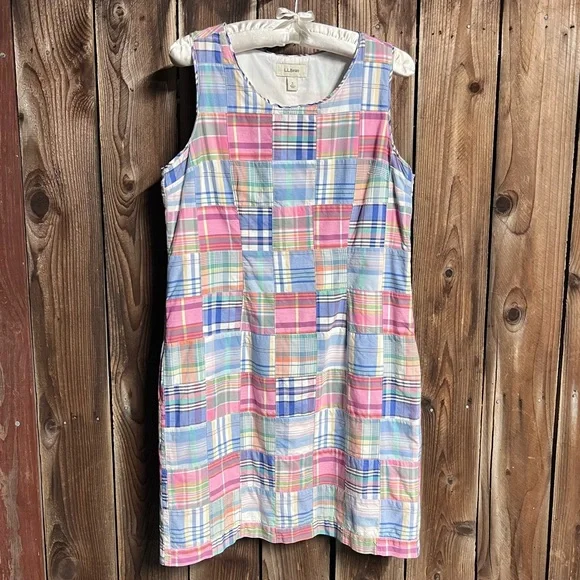 L.L.Bean Vintage Pastel Patchwork Plaid Girlhoodcore Shift Dress Sz 8 Petite - Picture 2 of 12